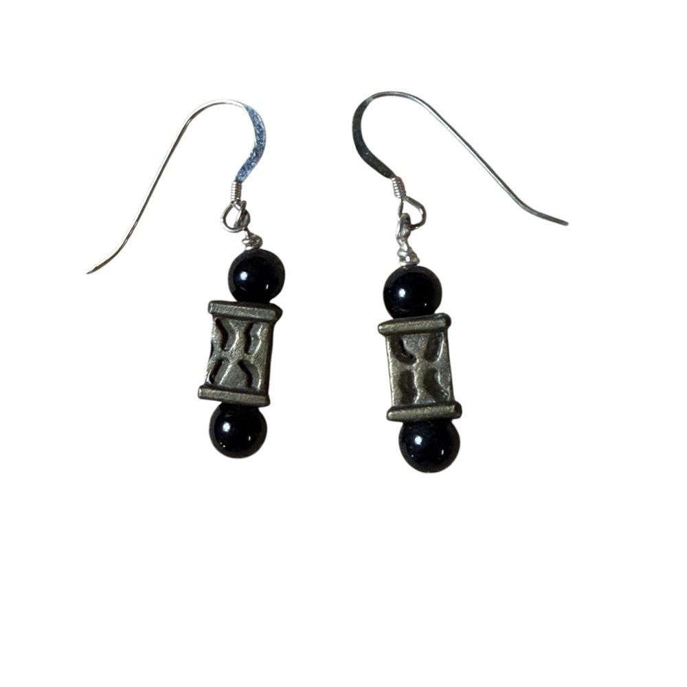 NWT Handcrafted Black Onyx, Gold Metal Dangle Earrings with Sterling Ear Wires